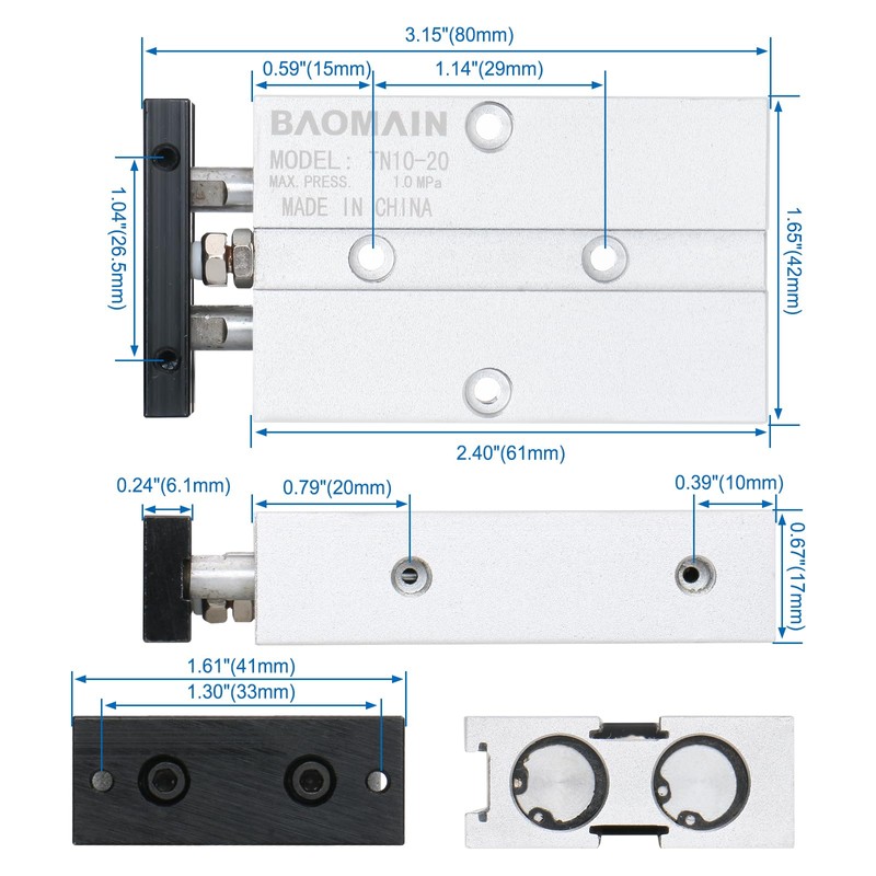 Baomain TN10x20 Double Rod Pneumatic Air Cylinder,0.39 inch(10 mm),Stroke 0.79