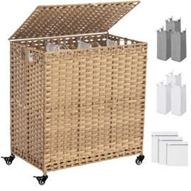 Laundry Hamper with Wheels&Lid, 50.2 Gallons(190L) Rolling Laundry Basket with Wheels, 3-Section Laundry Hamper, Handwoven Rattan Clothes Hamper with 6 Removable Liner& 3 Mesh Laundry Bags, Natural