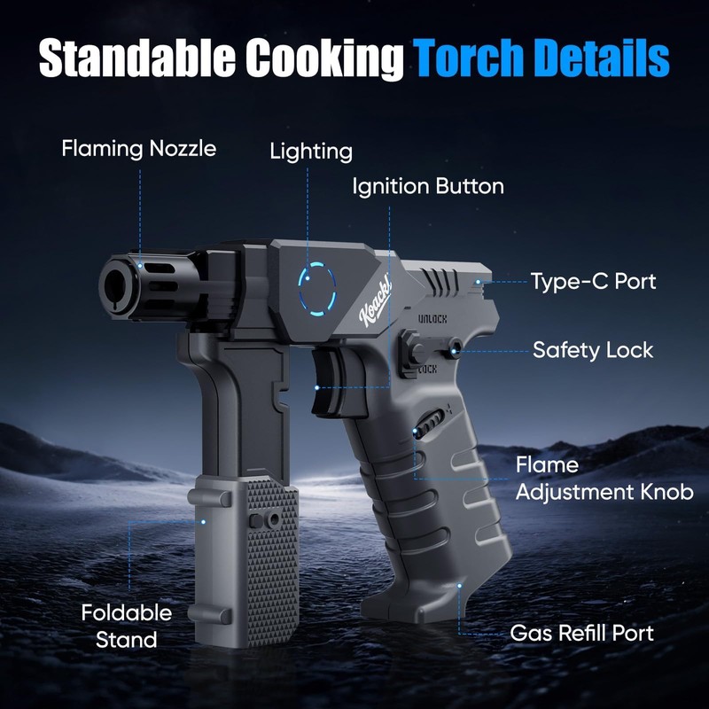 Butane Torch with Pulse Ignition, Foldable Handle, Safety Lock, LED