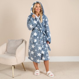OHS Ladies Dressing Gown, Super Soft Teddy Marl Fleece Hooded Bathrobe with Pockets Luxurious Navy Star Print Women Dressing Gown Perfect Adults Loungewear, One Size