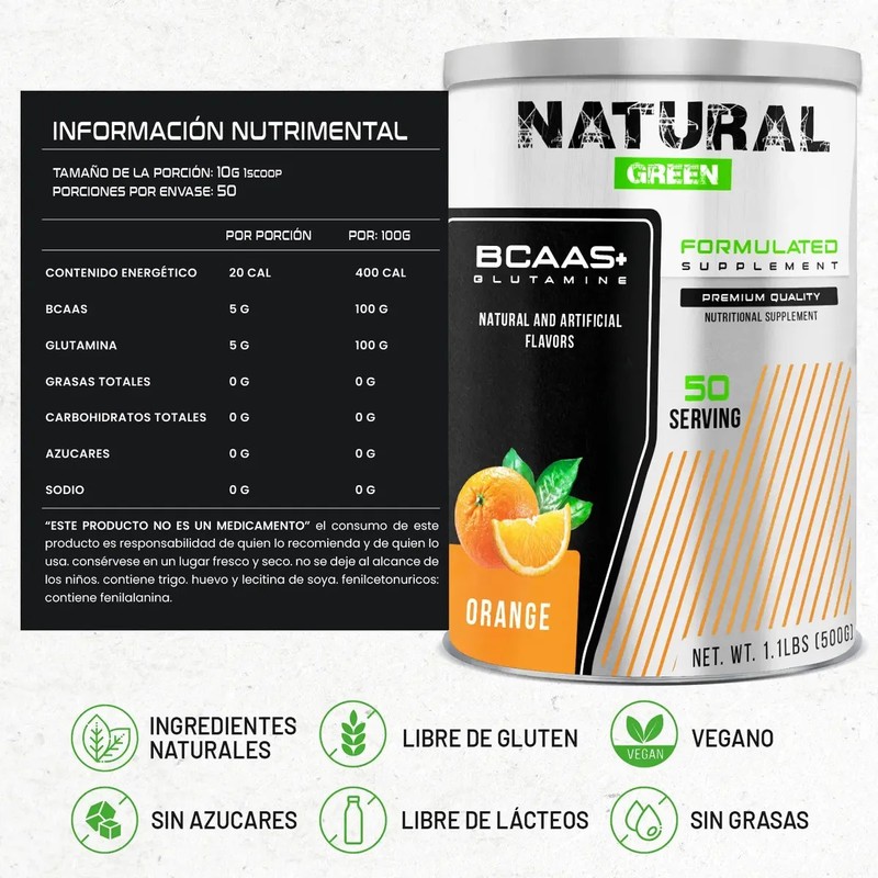 Bcaas Glutamina Aminoácidos Natural Green 500g Sabores Sabor Naranja