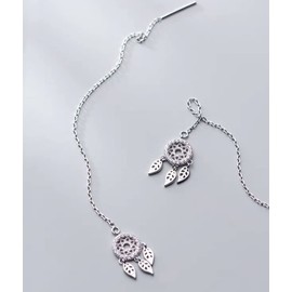 Iszie 925 Sterling Silver Sweet Little Feather Dreamcatcher With Cubic Zirconia Threader Pull Through Earrings For Girls Women