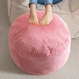 HIGOGOGO Round Stuffed Pouf Ottoman, Corduroy Poufs with Foam Chunk Filling, Furry and Fluffy Pouf Foot Stool Storage Ottoman, 20 X 15 Floor Poufs Foot Rest for Living Room, Pink