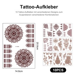 10 Blätter Braun Tattoos Aufkleber,Cosswe Temporäre Tattoos Schablone Set Erwachsene Aufkleber, Körperkunst Arm Spitzen Gefälscht Tatoos