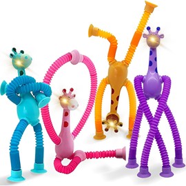 LCNBNM Juguete Jirafa con Ventosa Telescópica, 4 Piezas de Tubos Sensoriales Educativos de Juguete con LED,Juguete Educativo y antiestrés para Adultos y niños