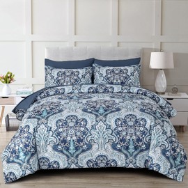Drucon Paisley Comforter Set King Size, 7 Pieces Bed in a Bag Blue Boho Comforter, Soft Lightweight Microfiber Bedding Set (1 Comforter, 1 Flat Sheet, 1 Fitted Sheet, 2 Pillow Shams, 2 Pillowcases)