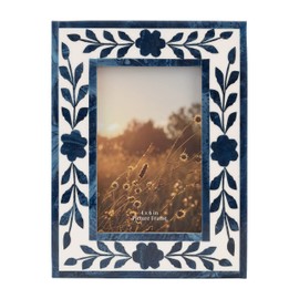 4" x 6" Picture Frame - Blue and White Floral Petals Polyresin Portrait Holder - Decorative Glass Frame for Home or Office - Sentimental Gift Idea