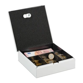 Relaxdays Lockable Cash Box, Removable Insert, 4 Compartments, Iron Cash Box, H x W x D: 6 x 17 x 17.5 cm, White