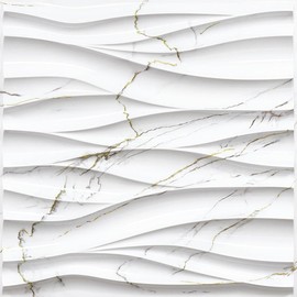 STICKGOO 12Pcs Waterproof Lightweight Wave 3D Wall Panels for Interior Wall Decor, Paintable Panels for Living Room Bedroom, Decorative Stickers - Color: White Marble Mixed Gold Thread