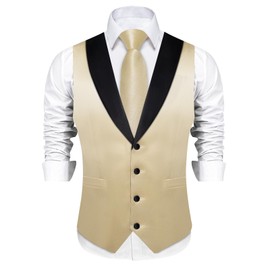 DiBanGu Mens Shiny Satin Vest Tie Set 8PCS Solid Waistcoat and Pre-tied Bowtie Shawl Collar Dress Vest for Wedding Formal, Beige, X-Large