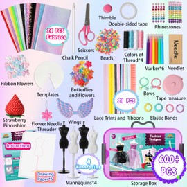 AGENTLAN 900+ Fashion Designer Kits for Girls with Mannequins-Kids Sewing Kits，Girls Fashion Design Gift，Arts and Crafts Kit，Girl Craft Activities Age 6 7 8 9 10 11 12