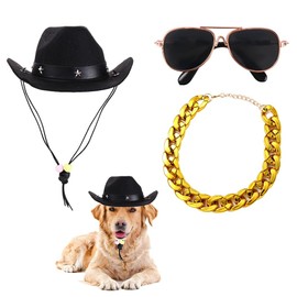 3 Pieces Pet Dog Cat Costume Set- 1Pcs Pet Sunglasses,1 Pcs Western Cowboy Hat, 1 Pcs Gold Chain,Cosplay Costume Photo Props for Small Dog Cat