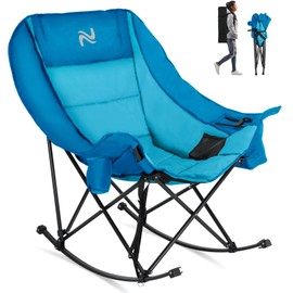 LILYPELLE Oversized Rocking Camping Chair, Fully Padded Patio Chair with Cooler Bag and Side Pocket, High Back Portable Lawn Recliner Rocker Chairs for Camp, Patio, Supports 400 lbs