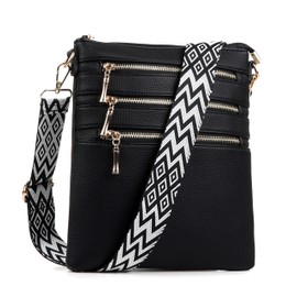 AOSSTA Womens Cross Body Bag with Multi Zip Pockets Designer and Canvas Wide Straps for Girls (Black)