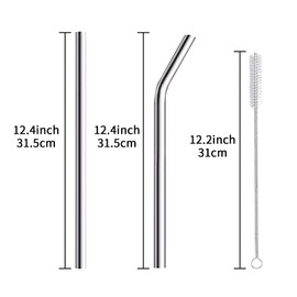 Ogetok 6 Pack of Reusable Stainless Steel Straws, 3 Straight + 3 Bent 31.5 cm Metal Straws with Cleaning Brush, Diameter 8 cm Long Drinking Straws for Cocktail, Drink, Dishwasher Safe, Silver