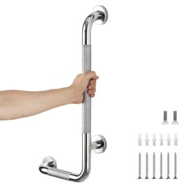 Barras de agarre en forma de L para ducha, barras de agarre de acero inoxidable de 24 x 12 pulgadas para ancianos para montaje en pared, riel de seguridad de baño con agarre moleteado antideslizante