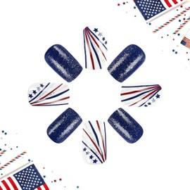 4th of July Press on Nails Medium Square Fake Nails Red Blue Glitter False Nails with Line Star Design Full Cover Glossy Glue on Nails Patriotic Acrylic Nails Independence Day Stick on Nails for Women