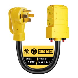 50 Amp to 20 Amp 110V RV Distribution Adapter, 240V to 120V, NEMA 14-50P to 4 X 5-20R/15R RV Generator Adapter, 4-Prong Plug to Mutiple Household Outlet w/ 24amp Circuit Breaker, ETL Listed