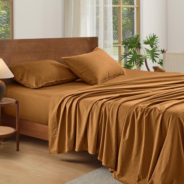AGGBEERY 100% French Linen Sheets Honey Ginger King Size Sheets