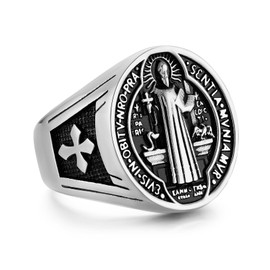 HZMAN St. Benedict Exorcism Ring for Men Women Stainless Steel Silver Catholic Cross Ring Protection Ghost Hunter Ring Jewelry Gift (Silver,12)