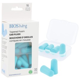 BIOS Living Soft, Tapered Foam, 32dB (decibels), Disposable Ear Plugs for Noise Reduction in Blue - 8 Pairs (16 pieces) with a Portable Case – For Sleeping, Snoring, Studying, Work, Travel, and Concerts