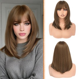 Brown Bob Wig with Bangs Shoulder Length Straight Wigs for Women