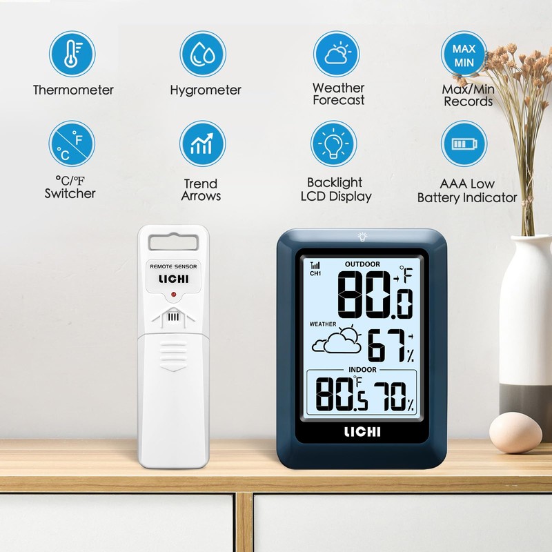 Indoor Outdoor Thermometer Wireless Weather Station, Internal External Thermometer Hygrometer,