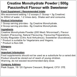 Peak Supps Creatine Monohydrate Powder - All Flavours - Micronised (500g, Passionfruit)
