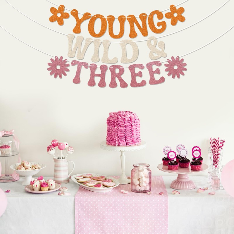 Young Wild & Three Banner - Three Groovy Birthday Decor,