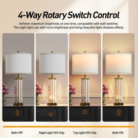 QiMH Gold Table Lamps for Bedroom Set of 2 with Nightlight, Modern Bedside Lamp with 2 USB A+C Charging Port, Clear Nightstand Lamp for Living Room White Shade Home Light Decor(LED Bulbs Included)