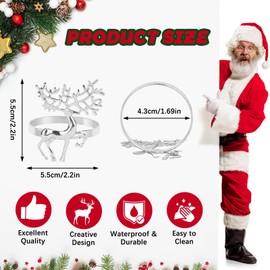 RETON Christmas Napkin Rings, Elk Napkin Ring for Christmas, Napkin Holder Christmas for Wedding, Party, Thanksgiving Table Decoration (Silver, 5.5 cm)