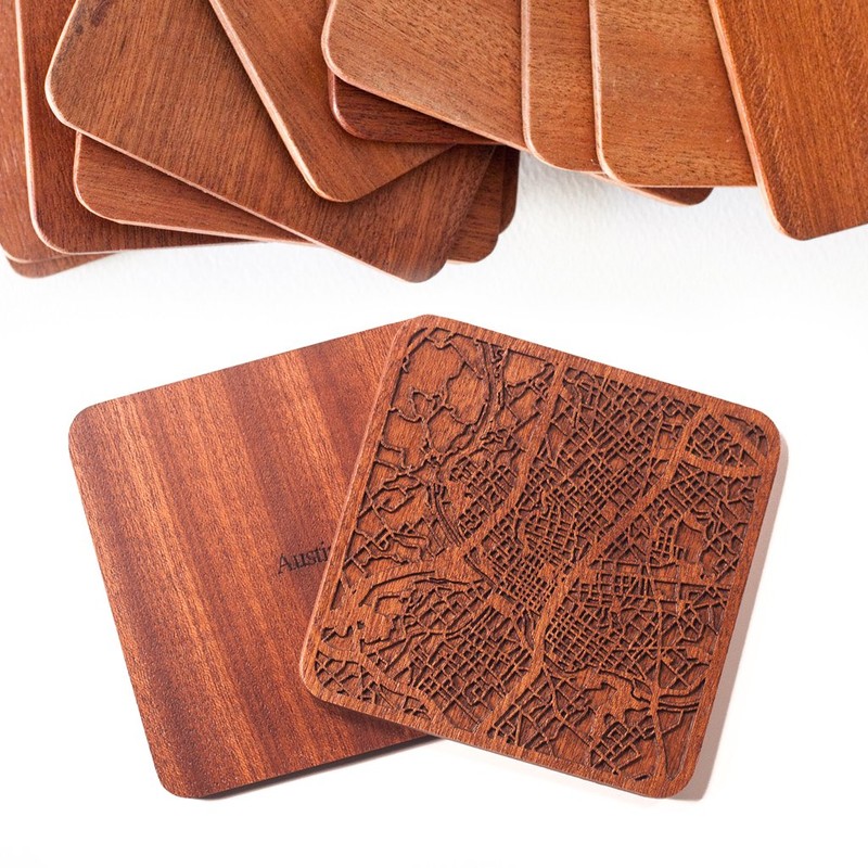 Austin Map Coaster, Set of 4, Sapele Wooden Coaster with
