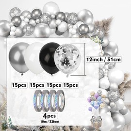 Mbsomnus Pack of 60 Balloons Birthday Silver Balloons Wedding 30 cm Metallic Silver Balloons Confetti with Streamers Black White Helium Latex Balloons for Graduation Children Party Decoration