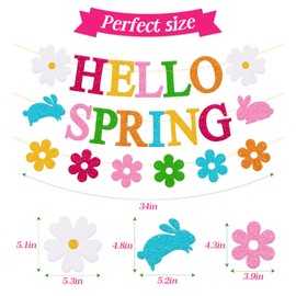 Hello Spring Banner Welcome Spring Party Decorations Flower Bunny Sign for Kids Boy Girl Celebrate Spring Colorful Glitter Party Supplies