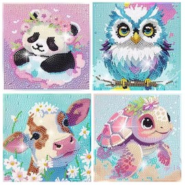 Realjoy Set of 4 Diamond Painting Children, Diamond Painting Children from 4 5 6 7 8 9 10 Years, Diamond Painting Pictures Children with Cartoon Animals as Christmas and Birthday Gifts, Wall