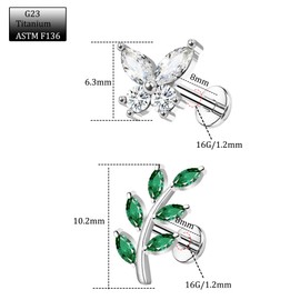 FLOGWE 16G 316L Pushin Lip Rings Butterfly Nose Stud Rings Leaf Nose Rings Top Push in Threadless Surgical Steel Flat Back Lobe,Helix, Tragus, Conch Cartilage Earring Studs for Womens