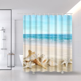 DKLFYDBG Fabric Beach Shower Curtain 180 x 200 cm Anti-Mould Washable Blue Ocean Landscape, Seashell Starfish Tropical 3D Shower Curtains Bathroom Waterproof Weighted (180 x 200 cm)