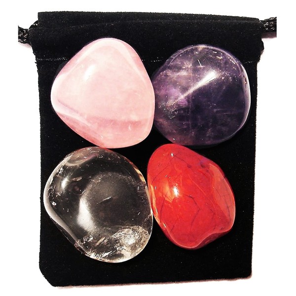 The Magic Is In You - Breast Cancer Support Tumbled Crystal Healing Set with Pouch & Description Card - Amethyst, Carnelian, Clear Quartz, and Rose QuartzQ