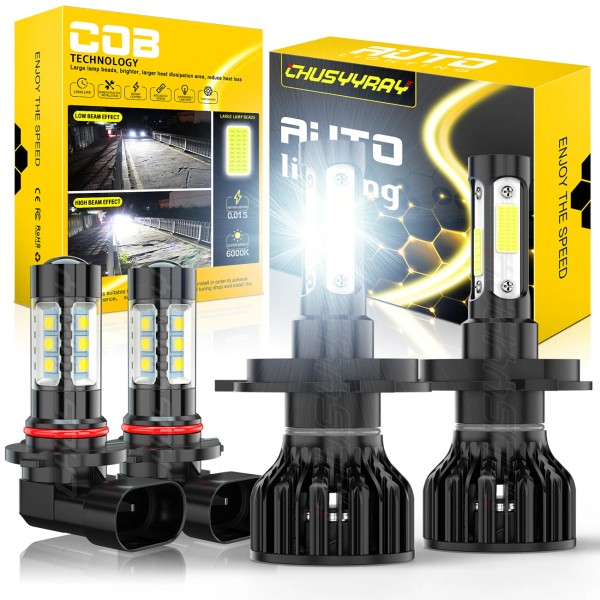 CHUSYYRAY 4x H4+9145 6000K White LED Headlight Hi/Lo Beam+Fog Light