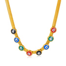 VIJASHOP Evil Eye Jewelry Set for Women Gold-plated Flat Snake Chain Necklace&Earrings&Bracelet Evil Eyes Jewelry Gifts, Stainless Steel, No Gemstone