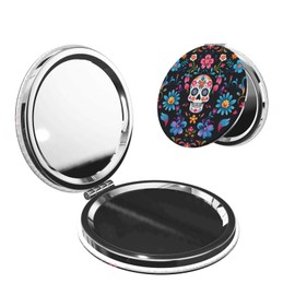 keluki Mexican Sugar Skulls Flowers Print Foldable Travel Pocket Mirror, Round PU Leather Portable Mini Makeup Mirror Double Sided Handheld Magnifying Mirror, 2.6 in