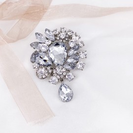 LAXPICOL Wedding Bridal Big Clear Crystal Rhinestone Bouquet Teardrop Brooch Pin for Women Silver Tone