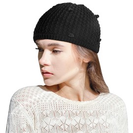 DOCILA Fashion Rose Decor Crochet Beanie Womens French Knitted Skull Cap Breathable Acrylic Head Cover Beanie Black