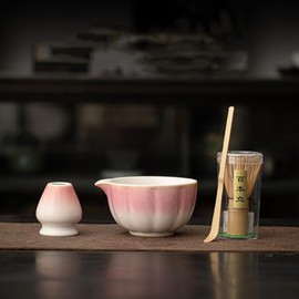 Matcha Whisk Set, Myrthra Matcha Set Includes Matcha Whisk and Bowl (Bowl with Spout), Holder and Scoop-4PCS Matcha Tea Set, Fade Pink