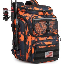 HAMBOLY Fishing Backpack with Rod Holders, 40L Tackle Box Backpack for Fishing Gear, Waterproof Fishing Bag for Men (Black and Orange Graffiti)