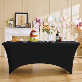 Fantastshop 8ft Stretch Spandex Table Cloth for Rectangle Table Tight Fitted Tablecloths - Washable and Wrinkle Resistant Table Cover for Events Party Wedding Birthday Patio Banquet Festival, Black.