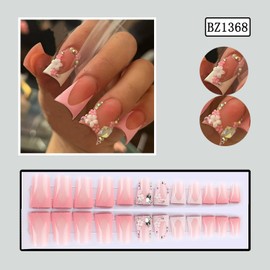Press on Nails Duck Shaped Glossy Full Cover Medium Acrylic Duck Pink French False Nails with Floral Rhinestone Designs Artificial Duck Fake Nails with Charms Glue ons Fingernails for Women Girls