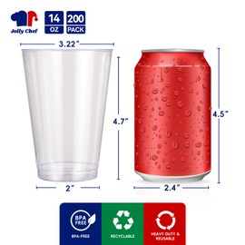 JOLLY CHEF 14 oz Clear Plastic Cups, 200 Pack Heavy-duty Party Glasses, Disposable plastic cups for wedding Cocktails Tumblers, Ideal for Wedding & Party