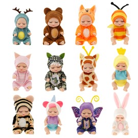 12 Pcs Mini Baby Dolls, 4inch Lifelike Realistic Baby Dolls, Adjustable Posture Small Baby Doll Toy with Animal Clothes, Mini Reborn Baby Doll Set for Girls Toddlers