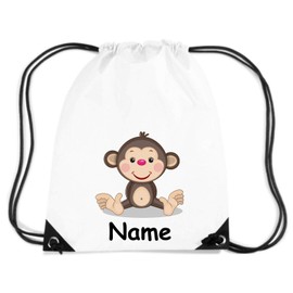 Children's Gym Bag Gym Bag Animal Motif Monkey with Name of Choice, White